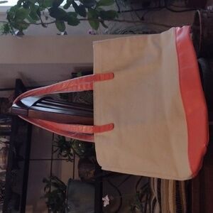 Bloomingdale's Twelve NYC Canvas Faux Leather Coral & Ivory Tote New